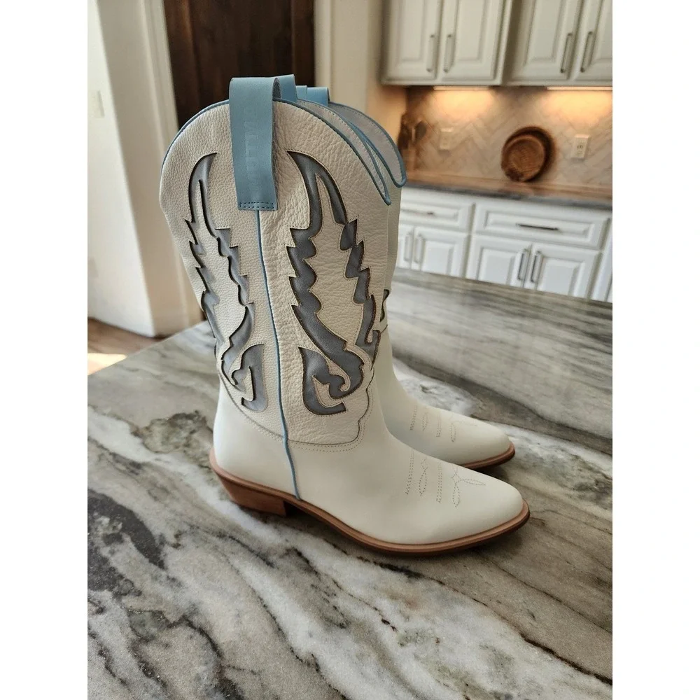 NWT Mutma Free People Alfa Western Boots Leather White‎ Blue Size 9 Gameday